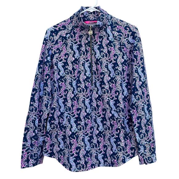 Lilly Pulitzer Skipper Popover 50+ UPF On Navy The Catwalk Print Women's Medium - Picture 1 of 6